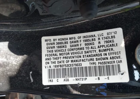 2012 Honda Civic Lx z USA, uszkodzony, nr VIN 19XFB2F53CE079033